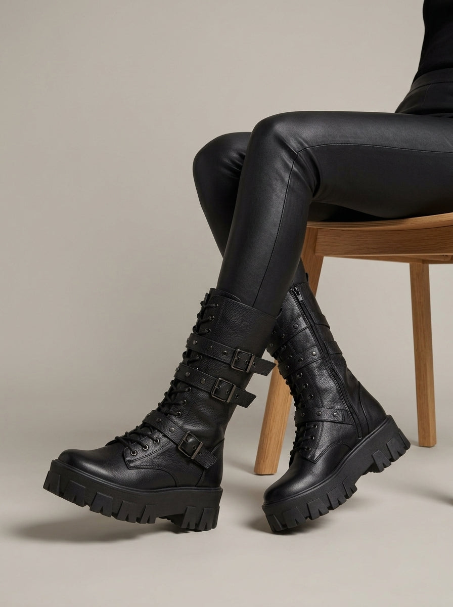 Women's Combat Boots with Triple Buckle Straps and Lugged Platform Sole