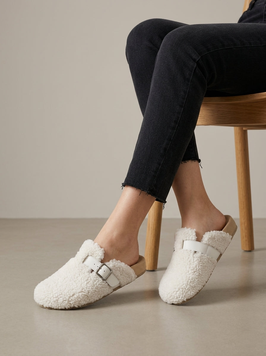 Women's Slippers - Closed Toe - Fleece Upper - Buckle Strap - Cork Sole