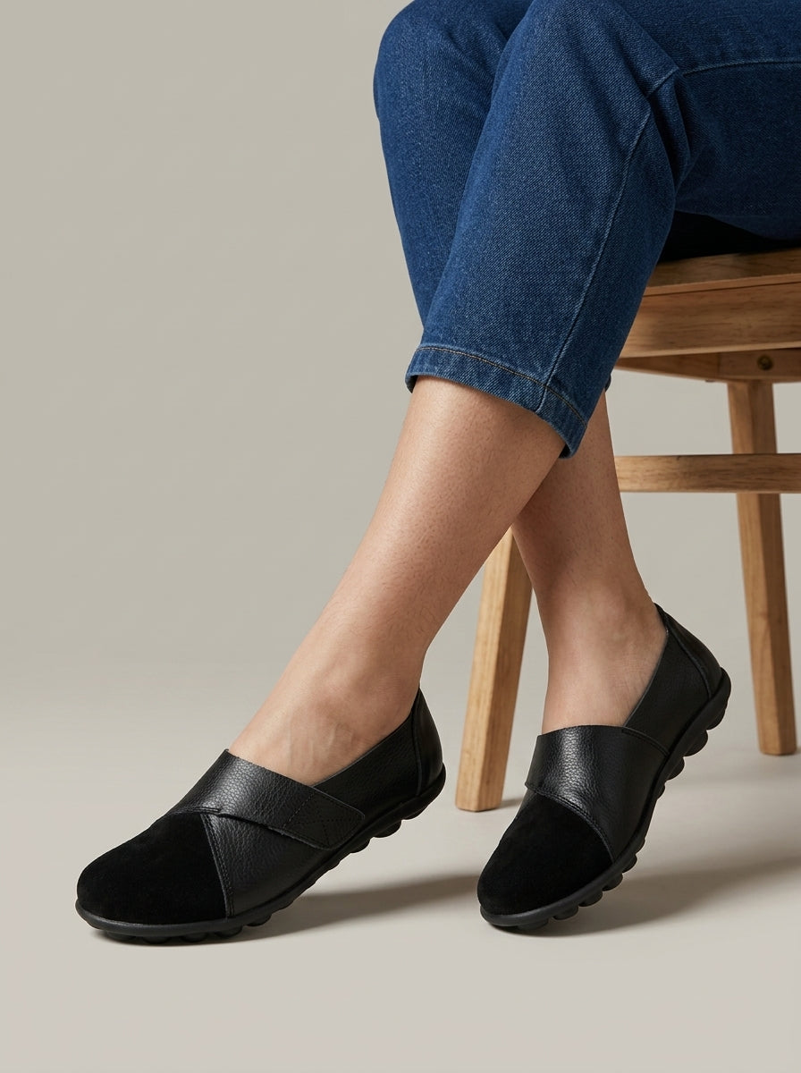 Women's Flats Slip-On Leather Panel Ridged Sole Round Toe