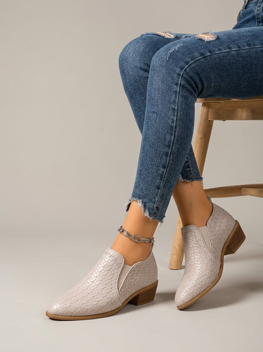 Women's Ankle Boots Woven Texture Block Heel Slip-On