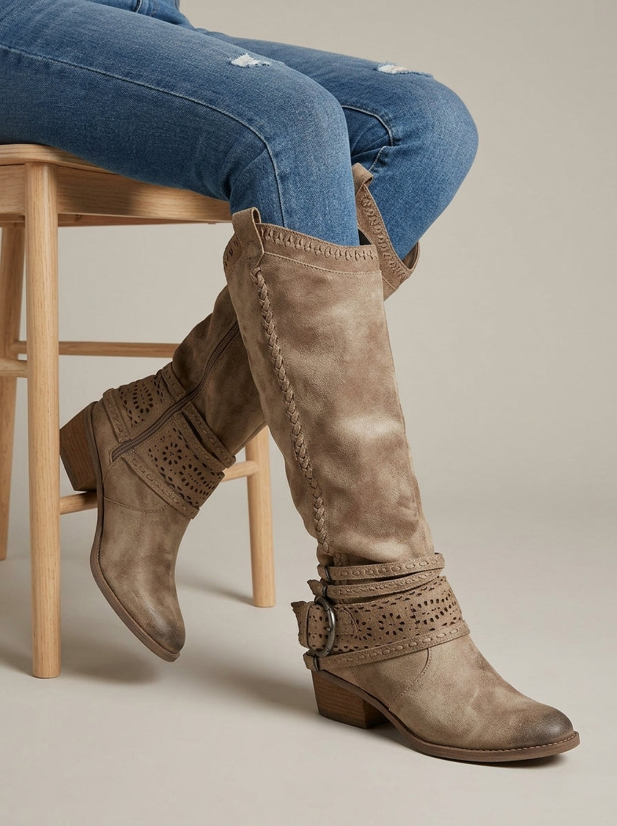 Women's Boho Knee High Boots Western Buckle Strap Block Heel