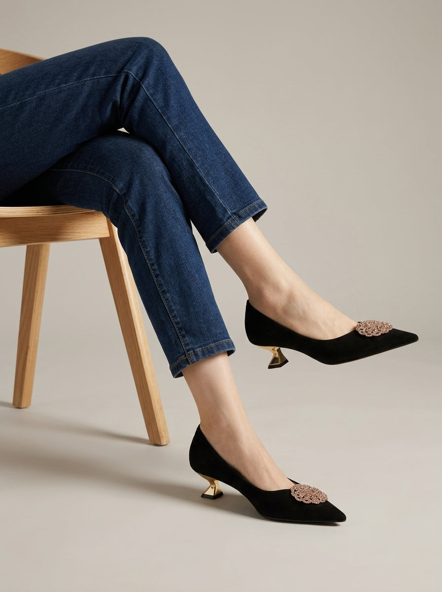 Women's Kitten Heels Pointed Toe Suede Embellished Pumps