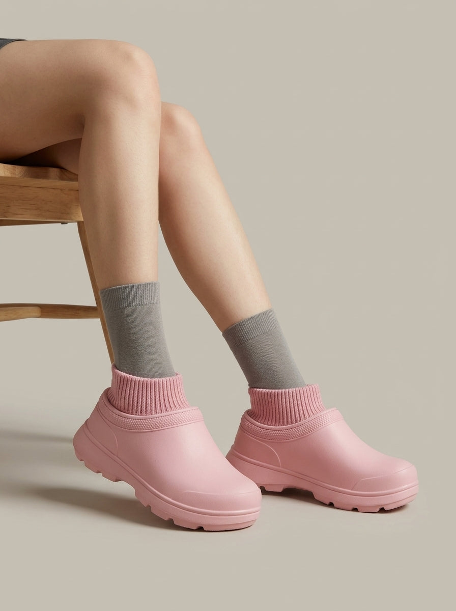 Women's Platform Slip-On Shoes with Knit Sock Collar and Lug Sole
