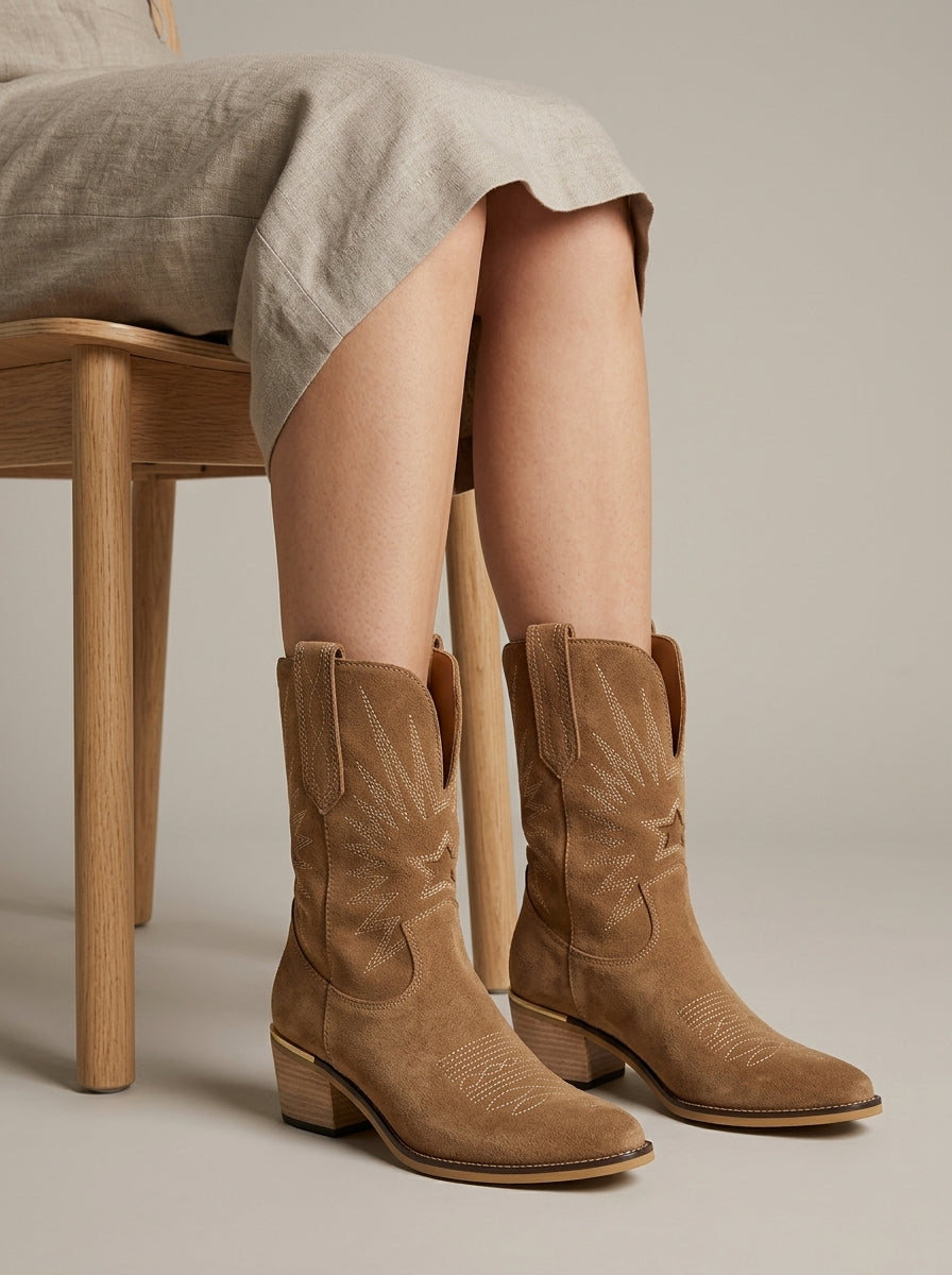 Women's Western Boots - Mid-Calf - Pointed Toe - Block Heel - Suede