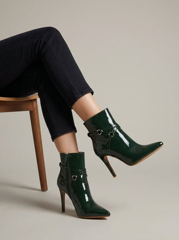 Women's Ankle Boots Patent Pointed Toe Stiletto Heel Dual Strap
