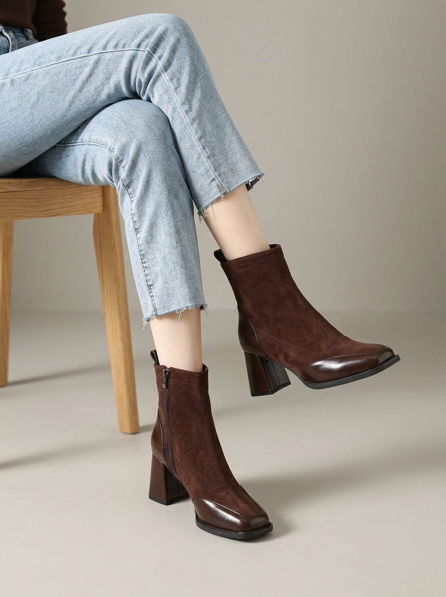 Women's Ankle Boots Block Heel Square Toe - Suede Side Zipper