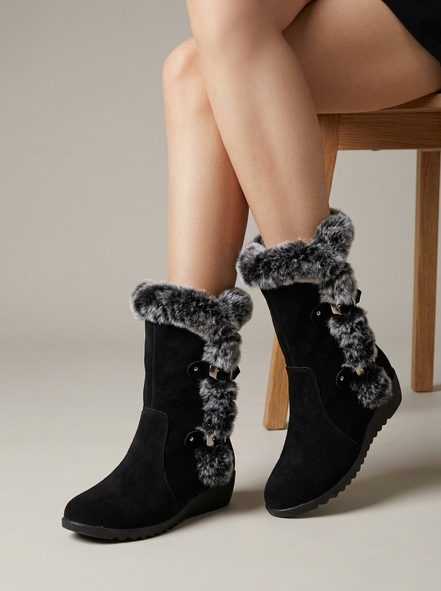 Women's Boots Mid-Calf Faux Fur Trim Double Buckle Wedge