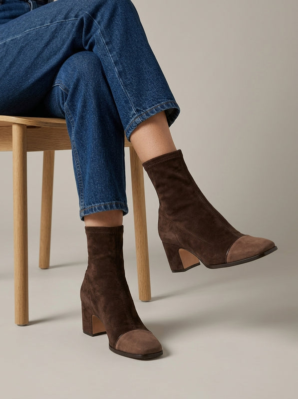 Women's Ankle Boots Square Toe High Heel Suede British Style