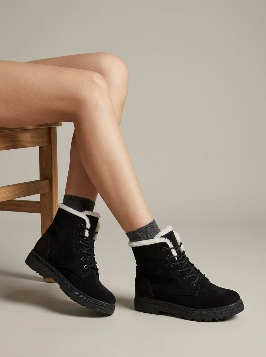 Women's Ankle Boots Lace-Up Faux Fur Lined Platform Sole