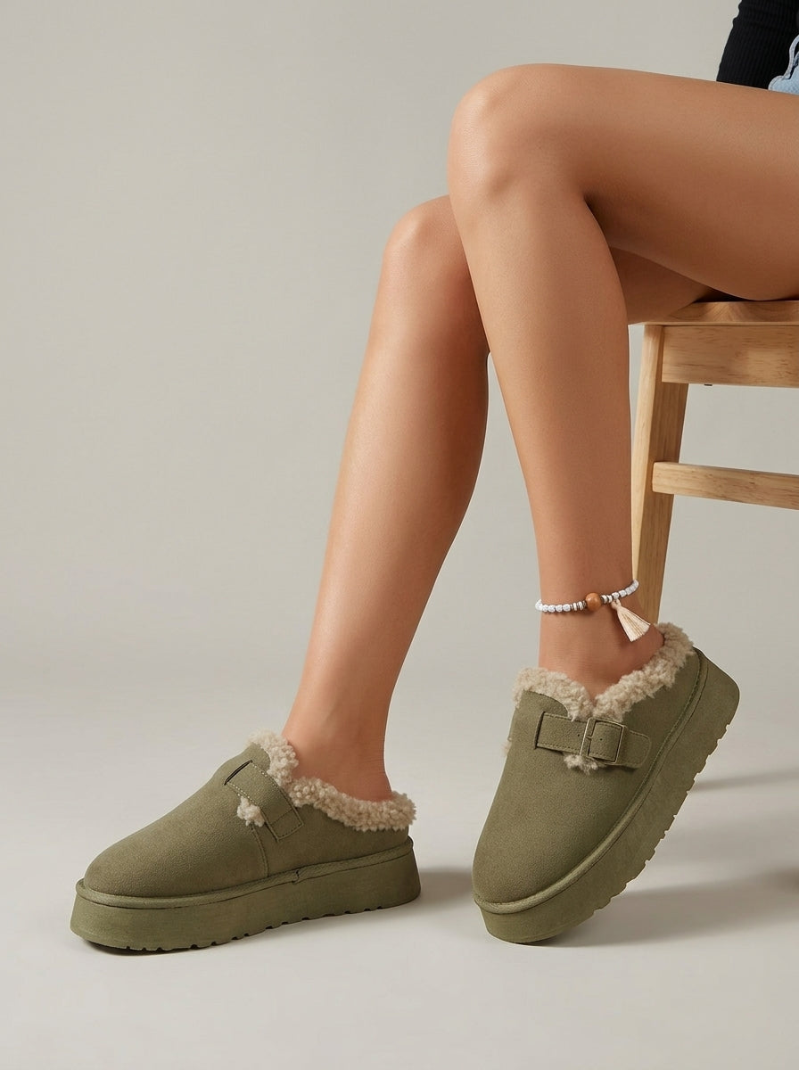 Women's Fur-Lined Clog Mules with Buckle Strap and Platform Sole