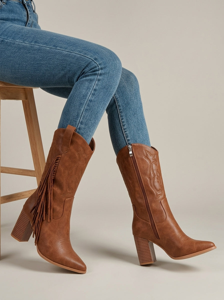 Women's Boots Fringe Western Mid-Calf Block Heel
