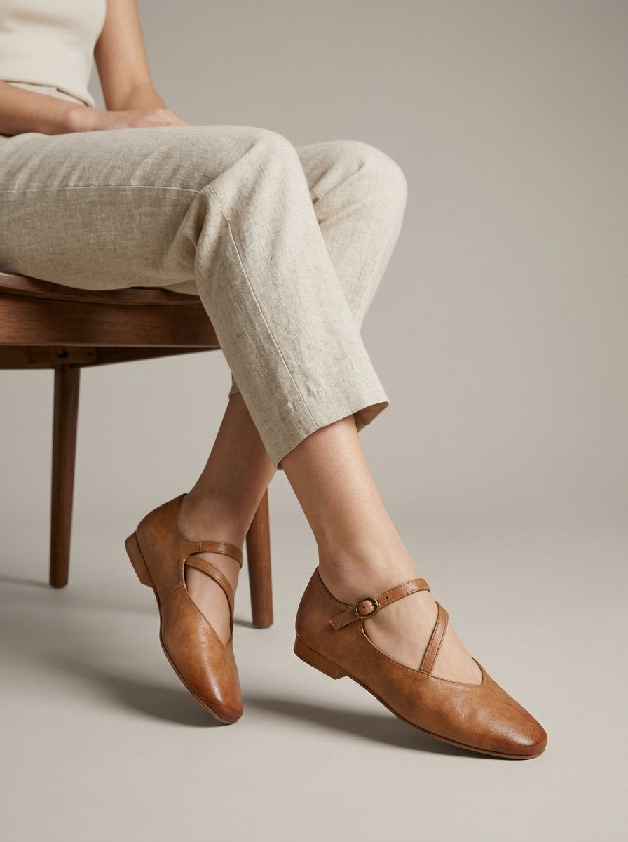 Women's Flats - Mary Jane Cross-Strap Pointed Toe Buckle Closure