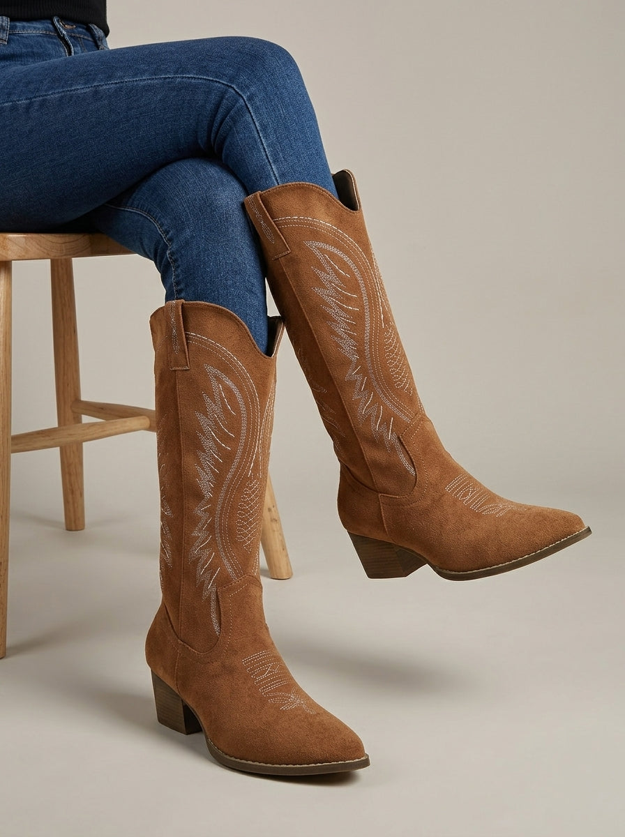 Women's Knee High Boots Embroidered Western Block Heel Pointed Toe