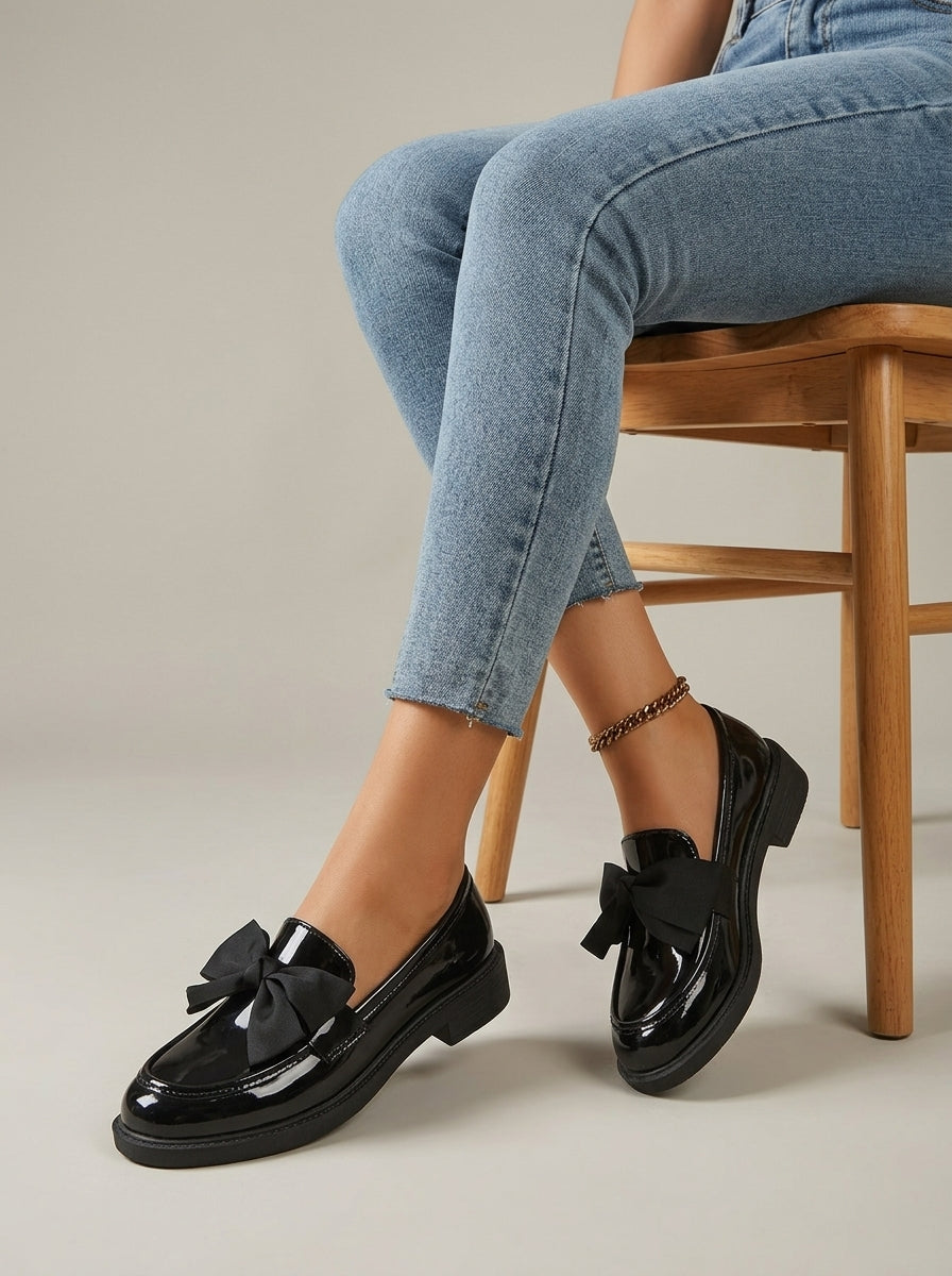 Women's Penny Loafers with Bow Detail - Patent Finish - Low Block Heel