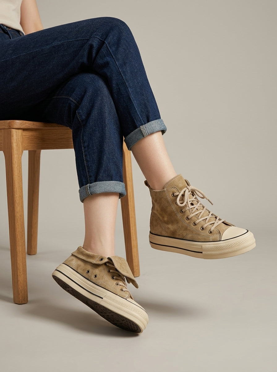 Women's High-Top Platform Sneakers - Canvas Lace-Up Rubber Sole