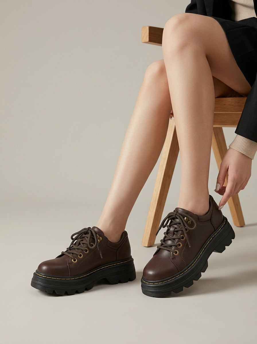Women's Platform Shoes Leather Lace-Up Chunky Lug Sole