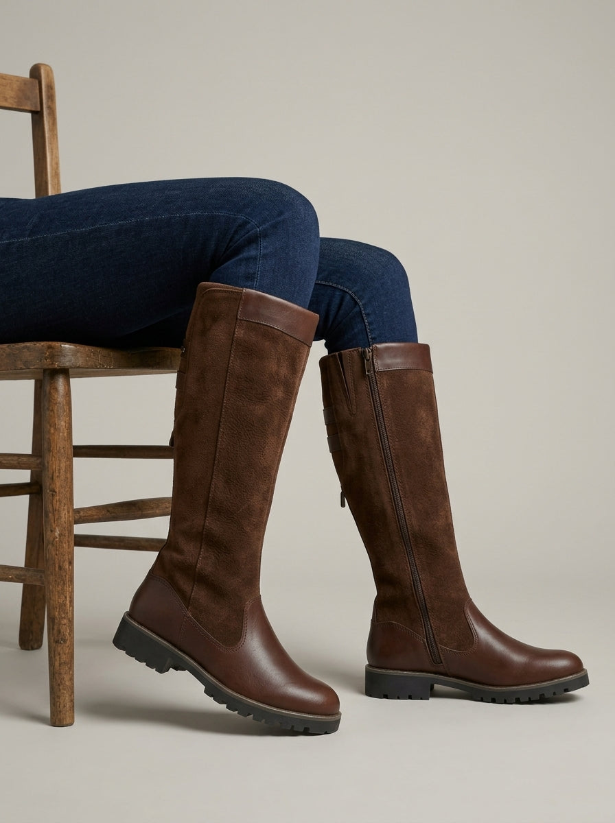 Women's Knee High Boots Buckled Water-Resistant Pull-On Low Heel