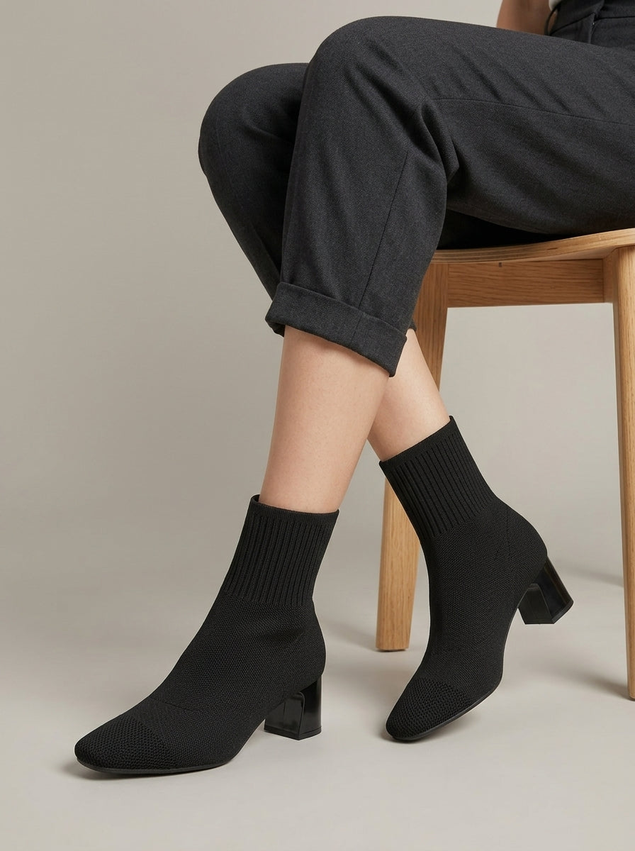 Women's Ankle Boots Knit Sock-Style - Square Toe Block Heel