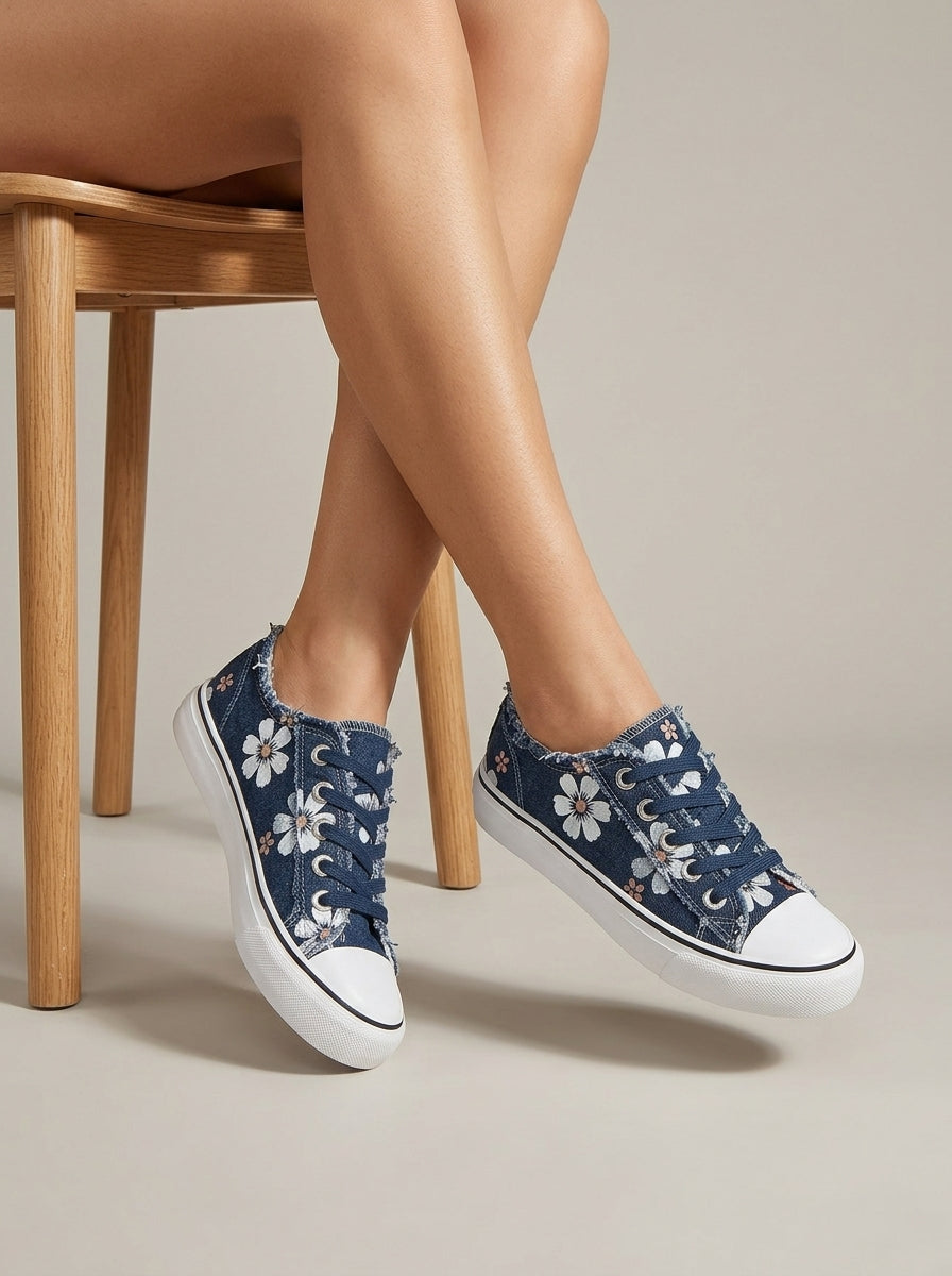 Women's Lace-Up Round Toe Denim Trainers with Frayed Trim