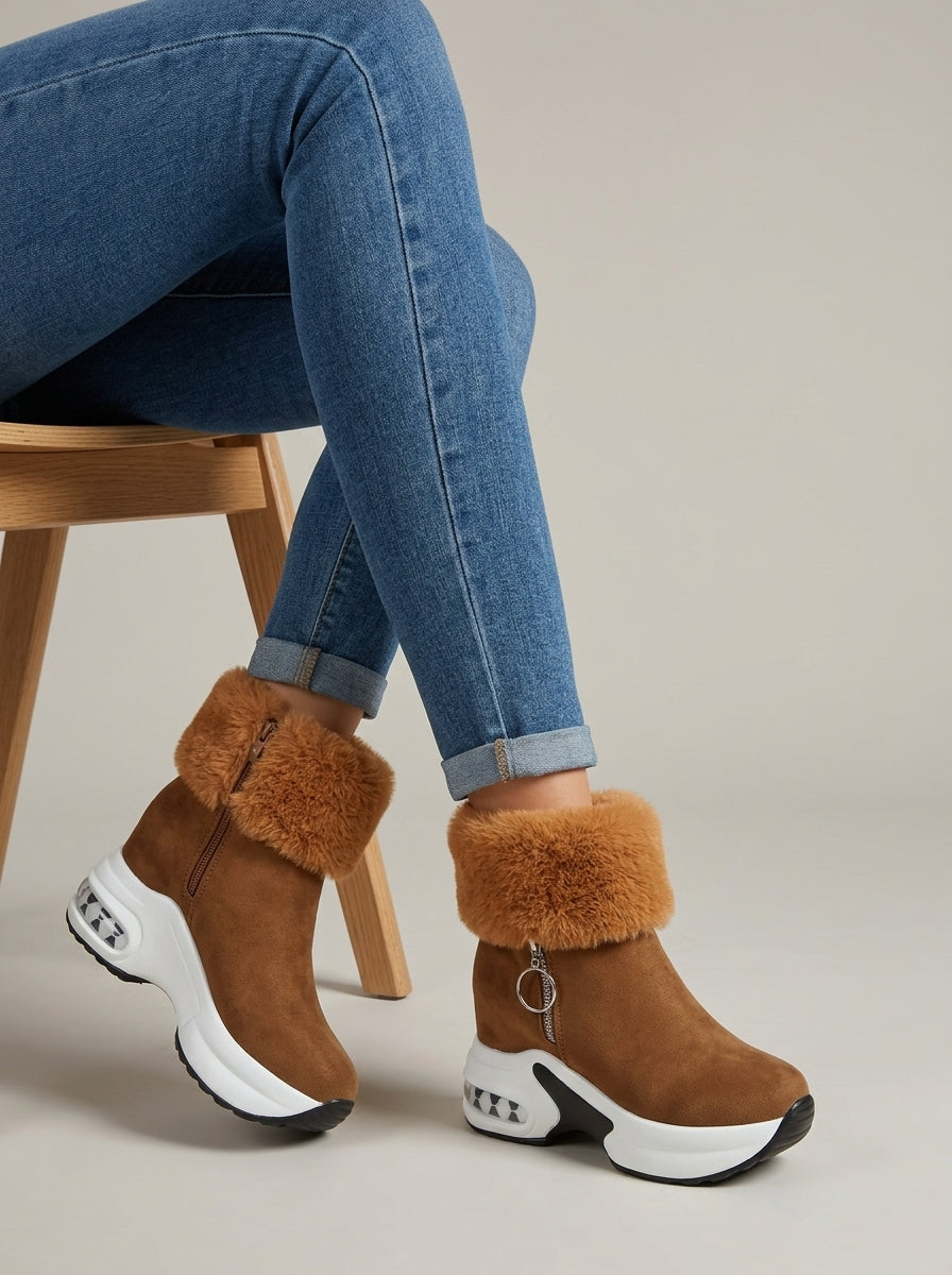 Women's Ankle Boots Platform Sole Fur-Trimmed Zipper Closure