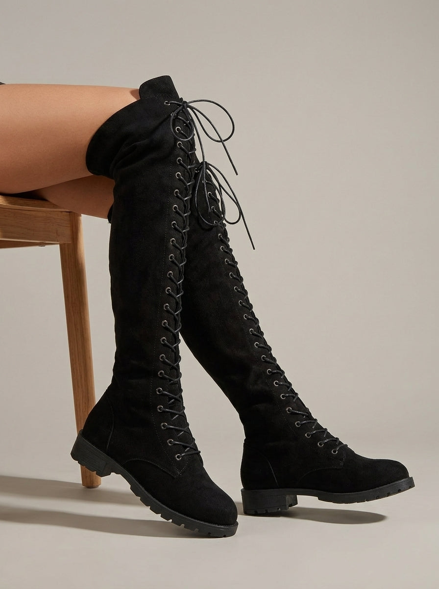 Women's Knee High Boots Over-the-Knee Lace-Up Low Block Heel