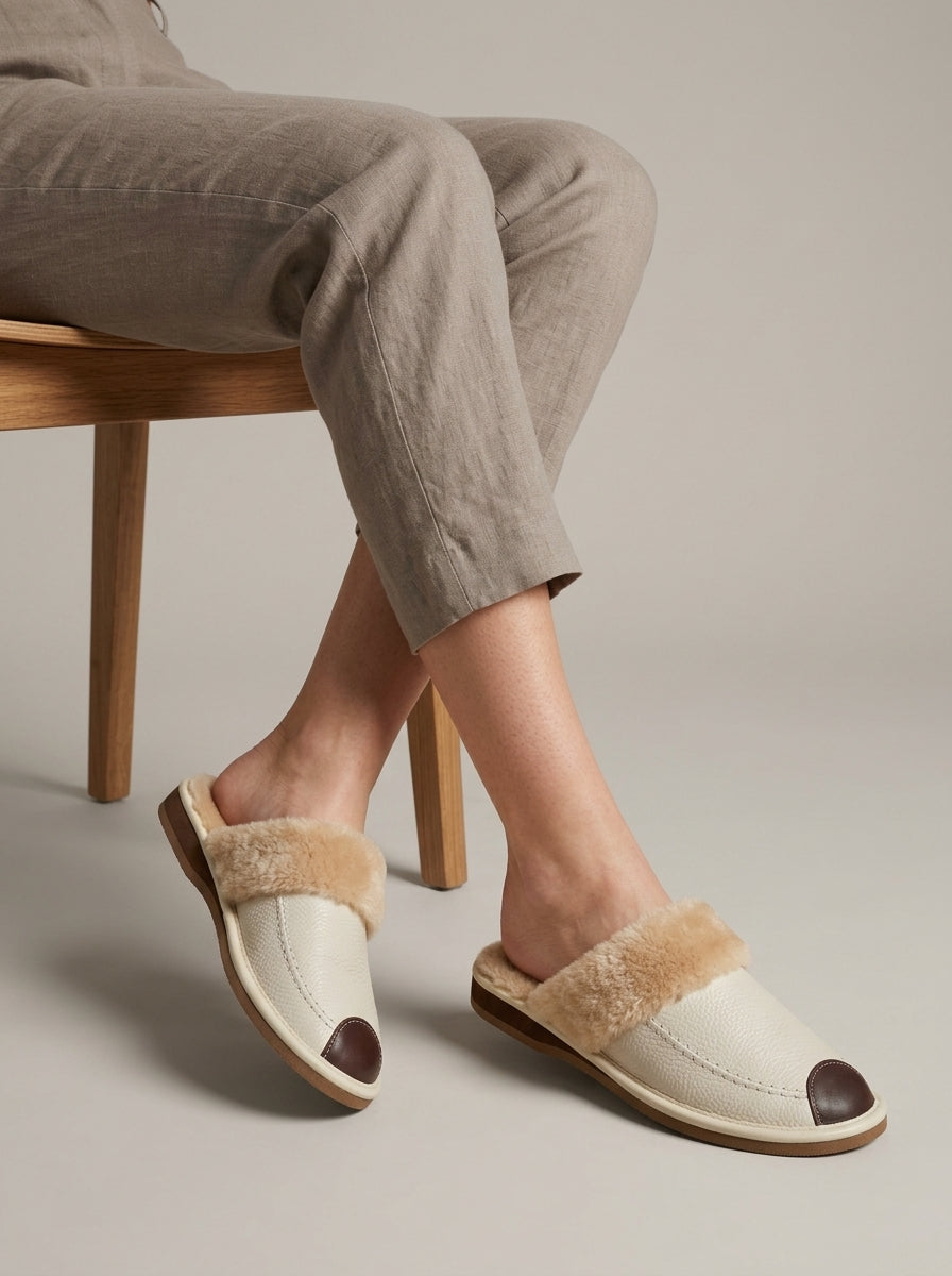 Women's Slippers Closed-Toe Faux-Fur Lined Open-Back Flat Sole