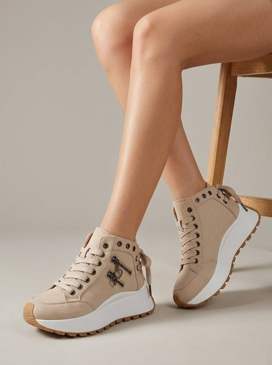 Women's High-Top Sneakers Lace-Up Platform Sole Zipper Detail