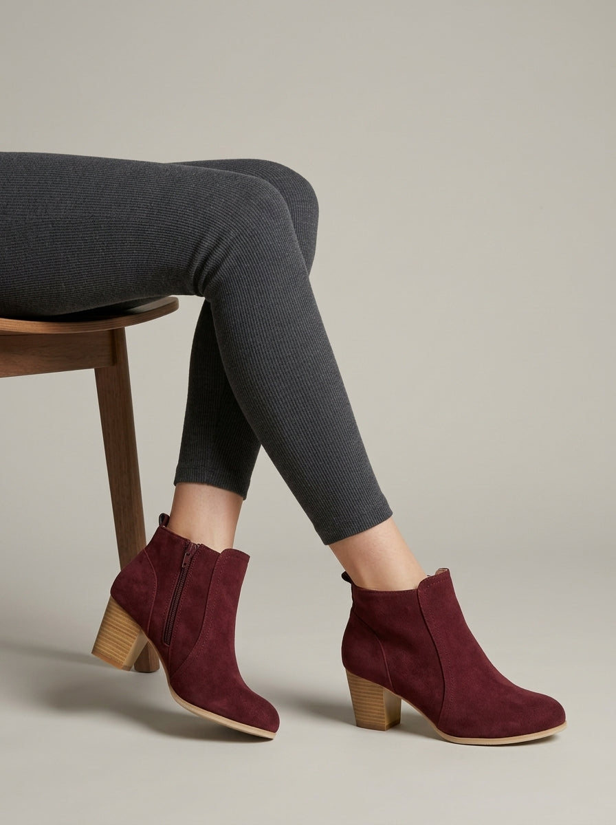 Women's Ankle Boots Block Heel Side Zip Suede