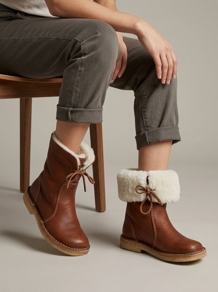 Women's Ankle Boots Faux Fur Lined Lace-Up Flat Crepe Sole