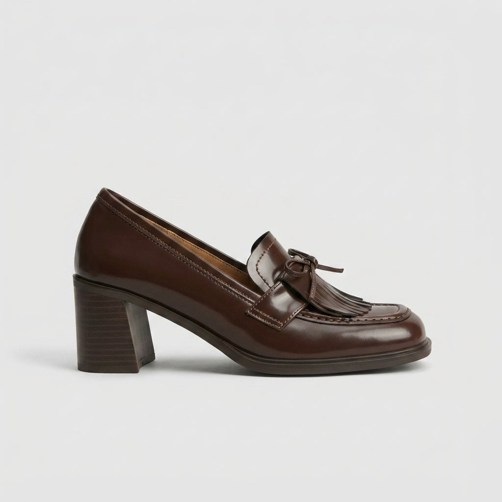 Women's Loafers - Square Toe - Block Heel - Tassel Bow - Slip-On