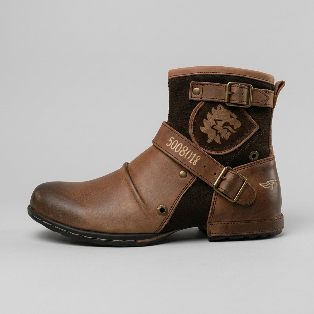 Men's Ankle Boots - Round Toe - Dual Buckle Straps - Low Heel
