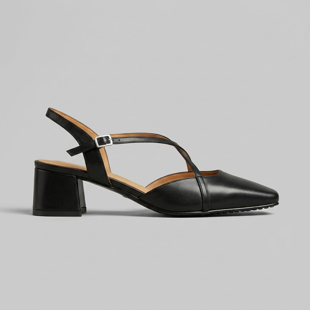 Women's Heels Square Toe Slingback Cross Strap Block Heel Leather