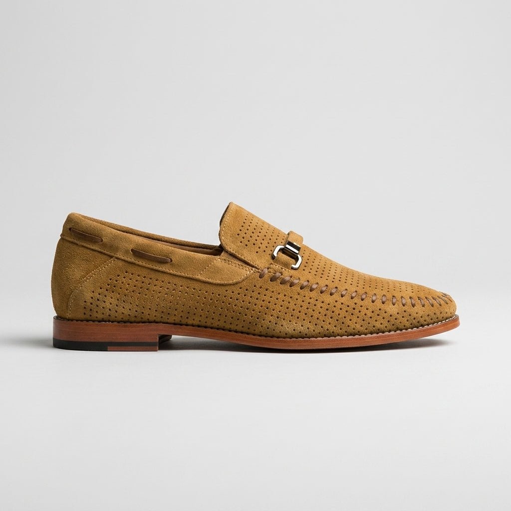 Men's Penny Loafers Slip-On Almond Toe Perforated Upper Flat Sole