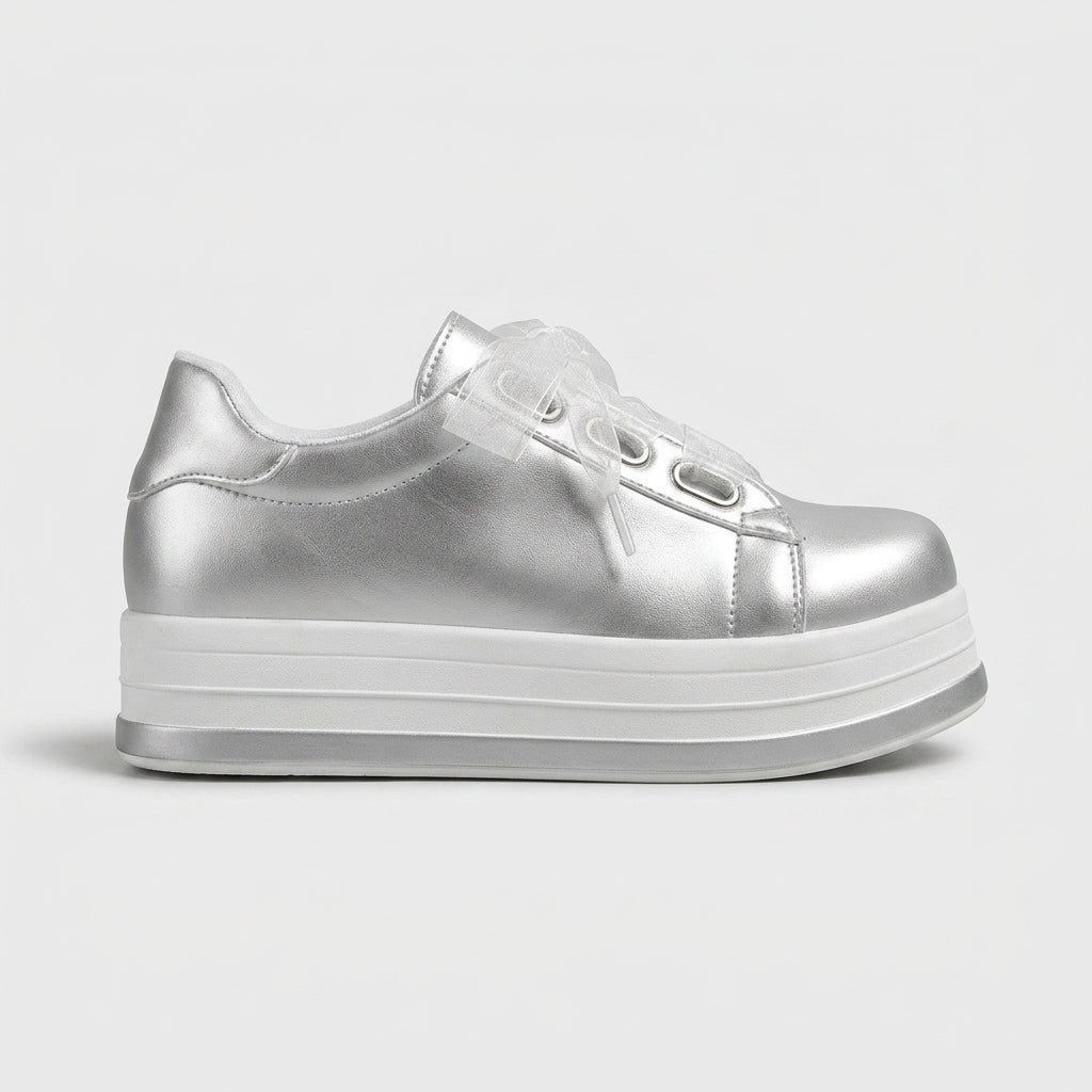 Women's Platform Sneakers Low-Top Lace-Up Metallic Upper