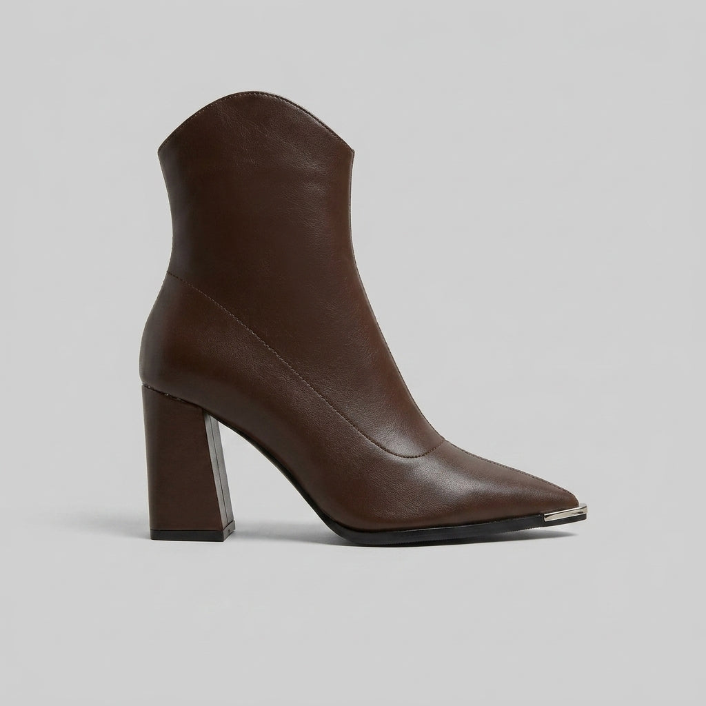 Women's Ankle Boots - Pointed Toe - Block Heel - Metallic Toe Cap