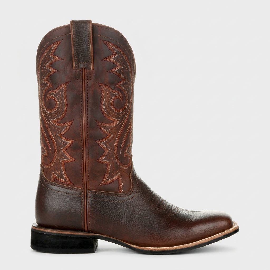 Men’s Western Cowboy Boots with Embroidered Shaft, Square Toe and Stacked Heel