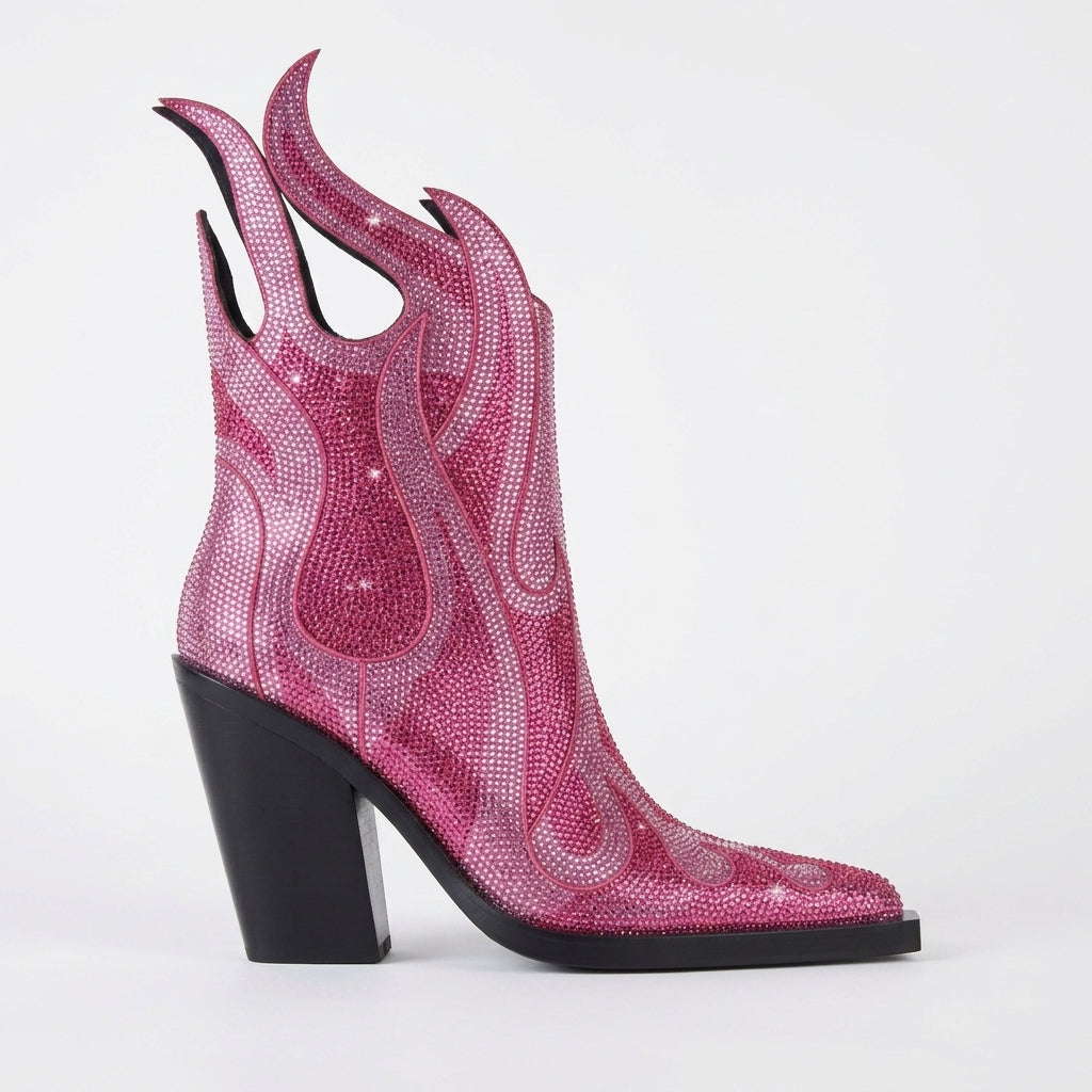 Women's Ankle Boots - Pointed Toe - Block Heel - Rhinestone - Zipper