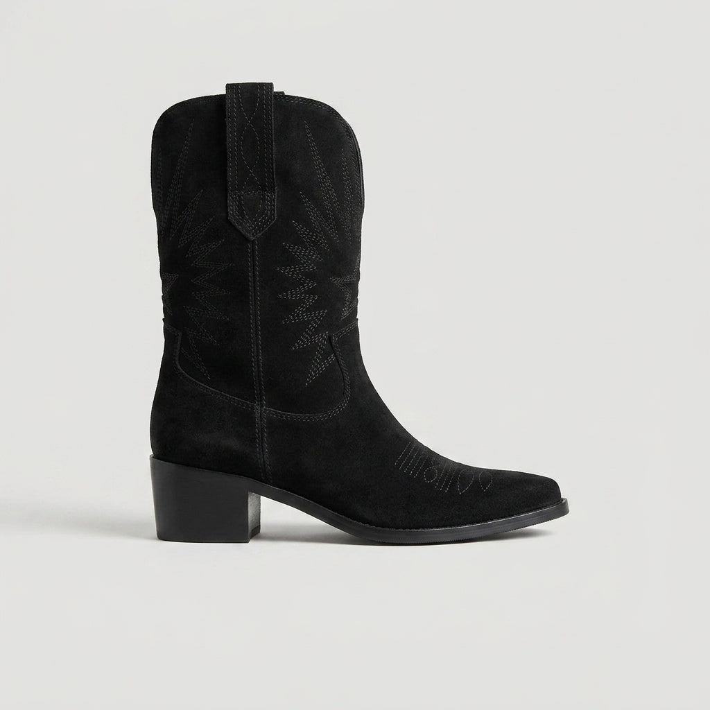 Women's Western Boots - Mid-Calf - Pointed Toe - Block Heel - Suede