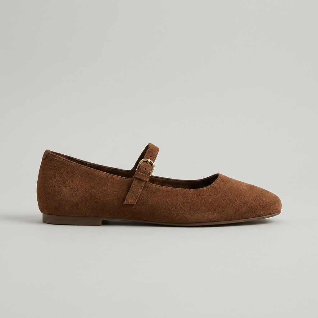 Women's Mary Jane Ballet Flats – Suede Round Toe with Single Strap and Gold-Tone Buckle