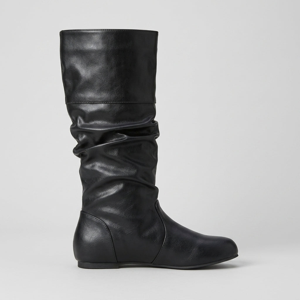 Women's Knee High Boots - Slouchy Shaft - Flat Sole - Round Toe