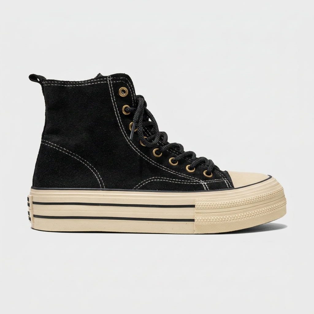Women's High-Top Platform Sneakers - Canvas Lace-Up Rubber Sole