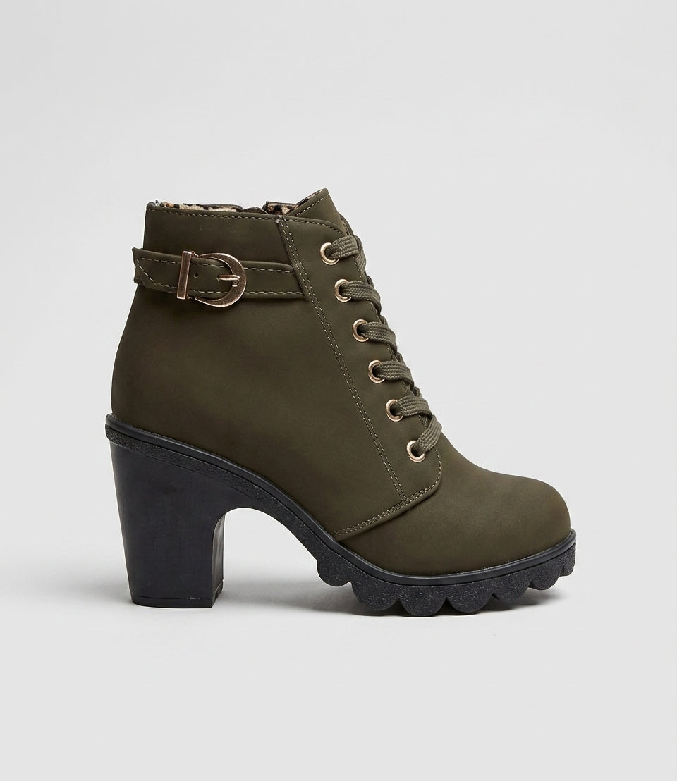 Women's Lace-Up Ankle Boots with Buckle Strap and Platform Sole