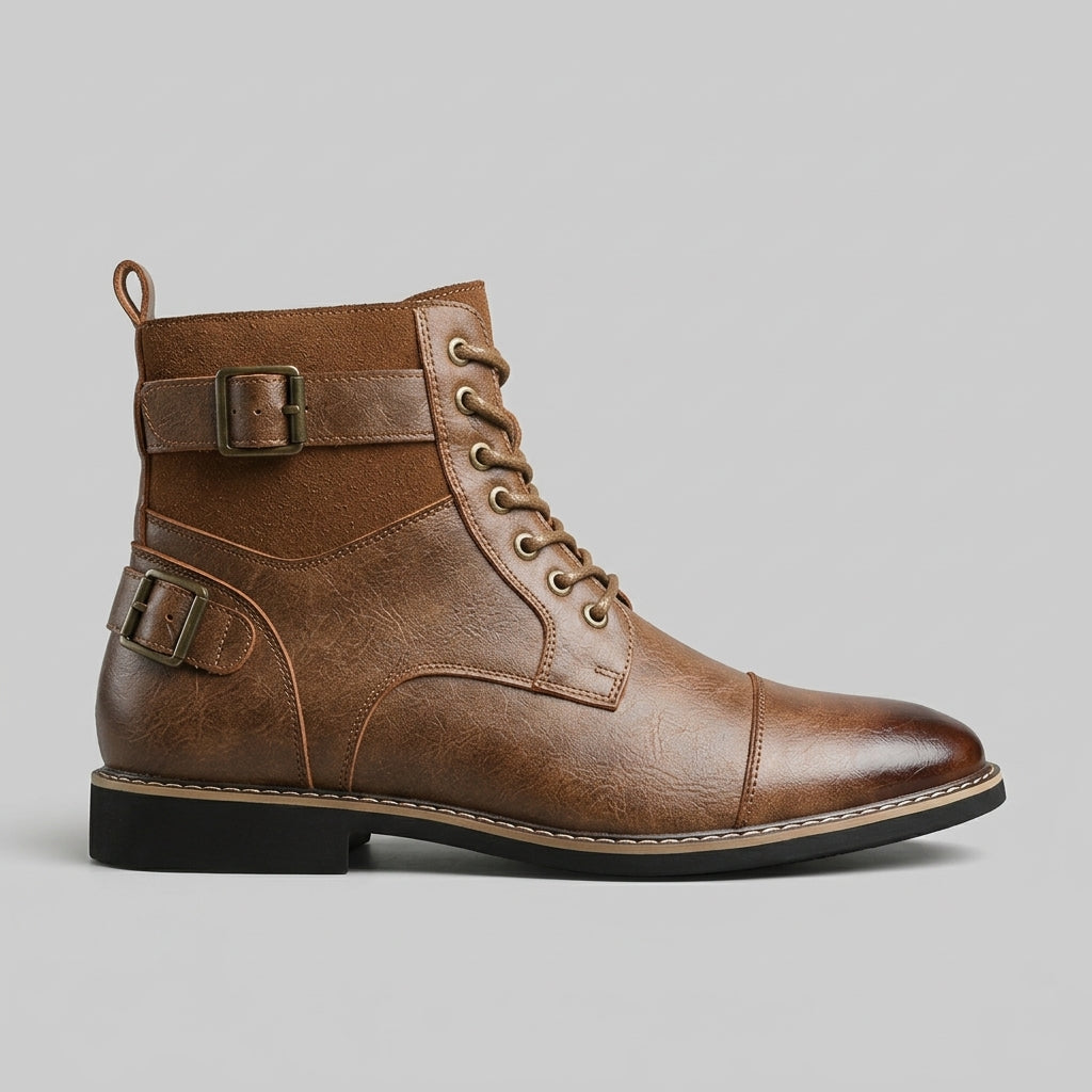 Men's Ankle Boots Cap-Toe Lace-Up Buckle Strap Leather