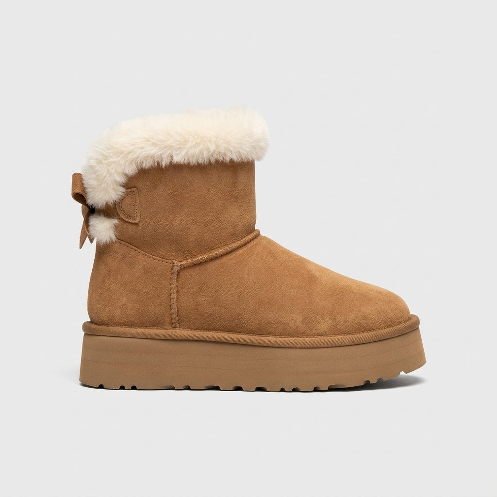 Women's Ankle Boots Platform Faux Fur Trim Ribbon Bow Pull-On