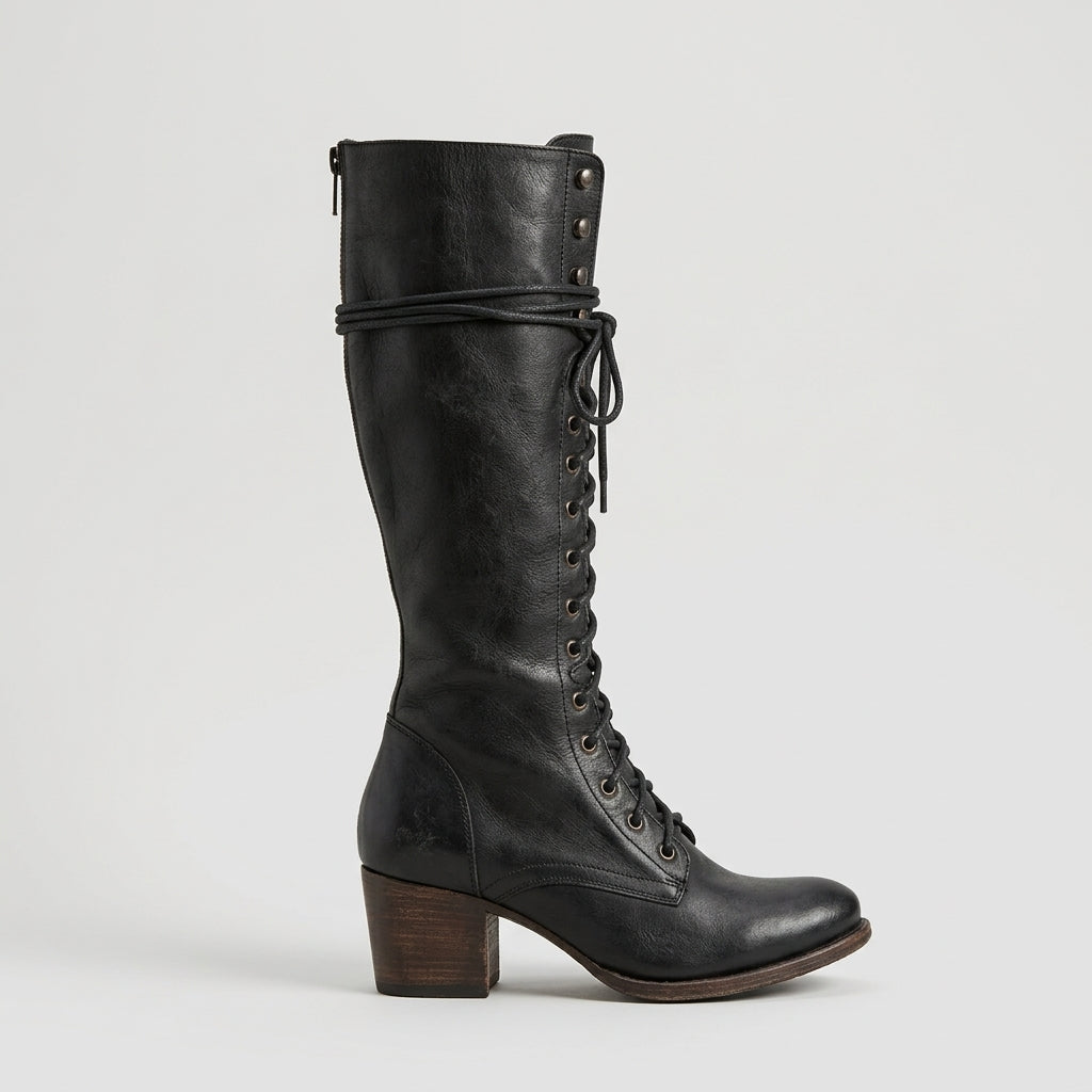 Women's Knee High Boots - Lace-Up - Block Heel - Round Toe
