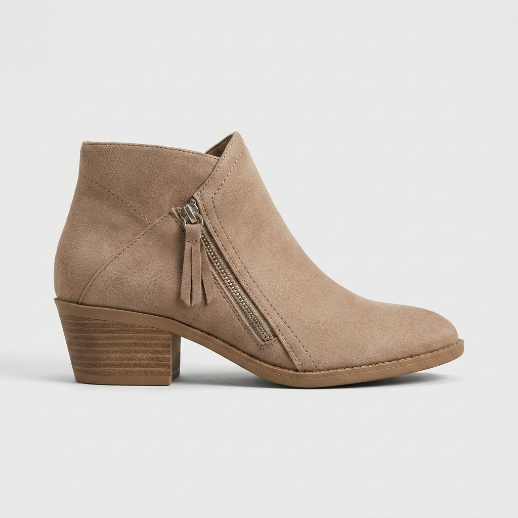 Women's Ankle Boots Low Block Heel Side Zipper Round Toe
