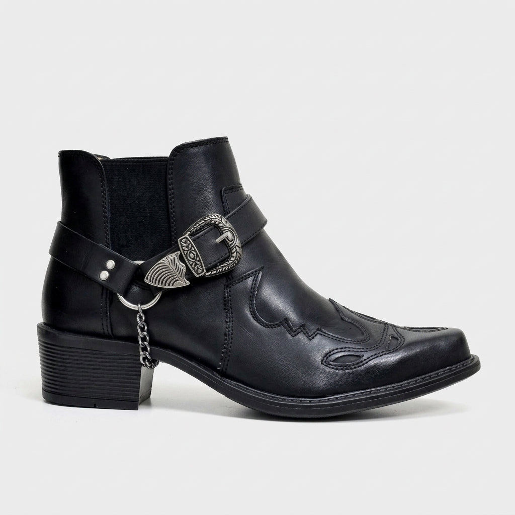 Men’s Western Chelsea Boots with Embroidered Toe Cap, Harness Strap, Chain Detail