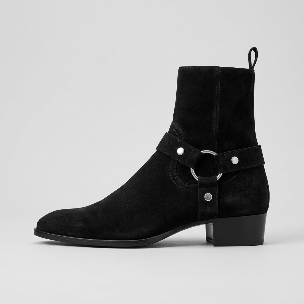 Men's Ankle Boots Suede Chain Harness Strap Side Zip Block Heel