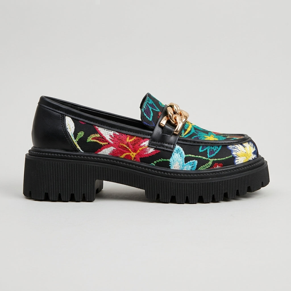 Women's Platform Loafers - Floral Print - Round Toe - Lace-Up