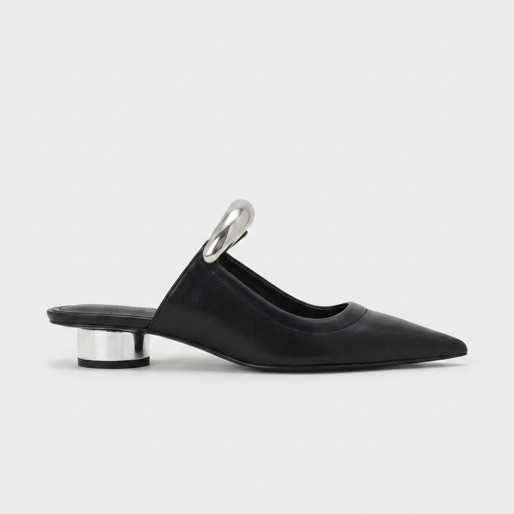 Women's Mule Low Cylinder Heels - Sculptural Bar Detail